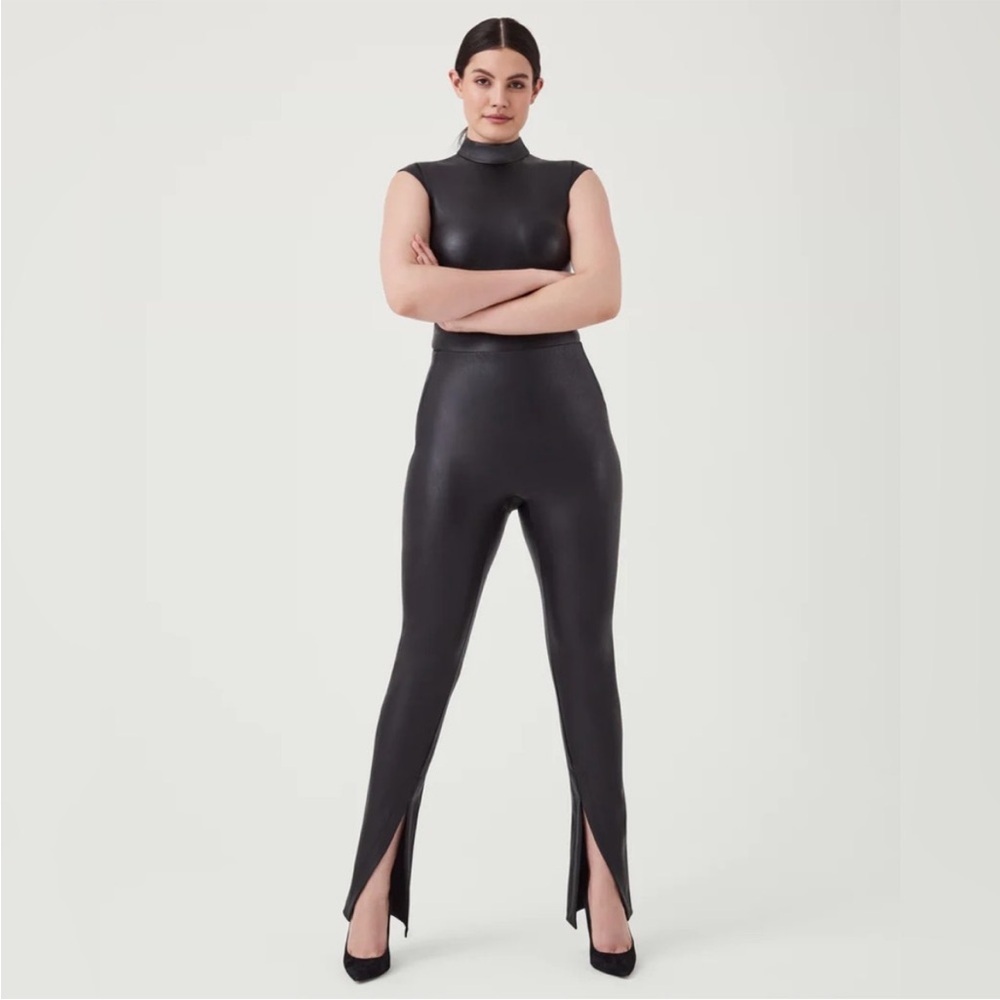 Spanx Faux Leather Front Slit Leggings Black Size Small